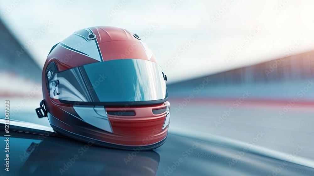 Obraz premium close-up of helmet resting on hood of race car visor reflecting light with blurred track backdrop