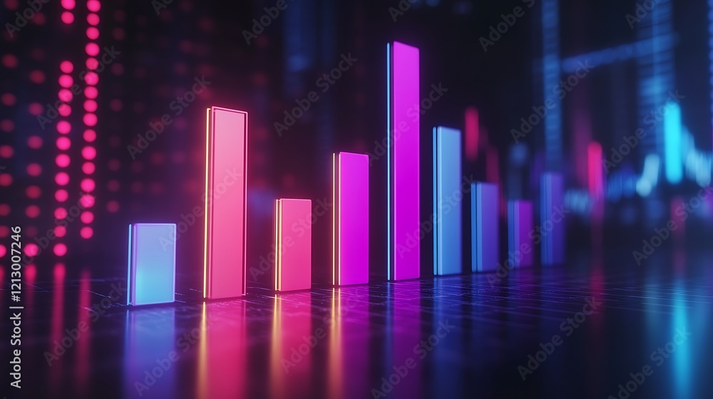 Bright neon bar graph depicting financial growth on a dark sleek background Bright neon bar graph depicting financial growth on a dark sleek background