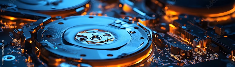 Close-up view of intricate electronic components featuring glowing lights, showcasing a blend of modern technology and engineering. Perfect for visuals in tech-related themes.