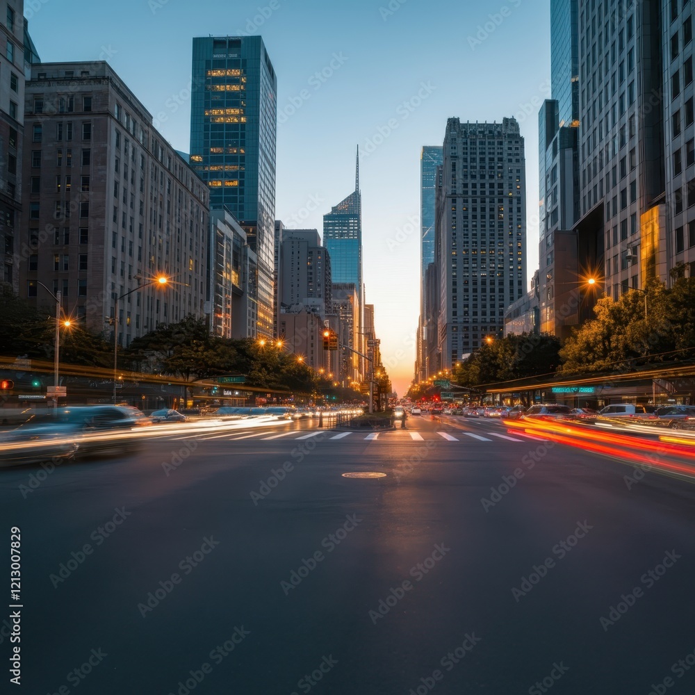 Urban canyon, Manhattan skyscrapers, golden hour sunlight, long exposure traffic trails, symmetrical city street, dramatic perspective, towering buildings, reflective glass facades, warm sunset glow, Urban canyon, Manhattan skyscrapers, golden hour sunlight, long exposure traffic trails, symmetrical city street, dramatic perspective, towering buildings, reflective glass facades, warm sunset glow,
