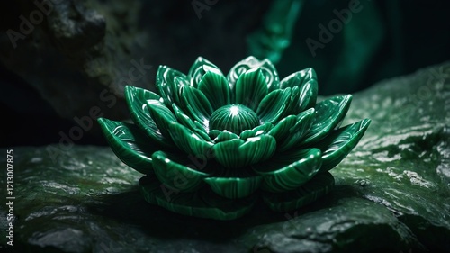 Stone flower made of malachite on a rocky surface in a cave, with a large green stone in the center