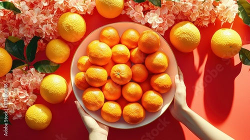 Hands holding oranges and flowers on red background. photo