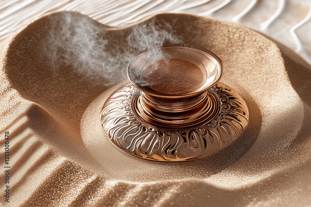 A traditional Turkish coffee brewing scene with a gleaming copper cezve filled with finely ground coffee, gently heated over golden sand A traditional Turkish coffee brewing scene with a gleaming copper cezve filled with finely ground coffee, gently heated over golden sand
