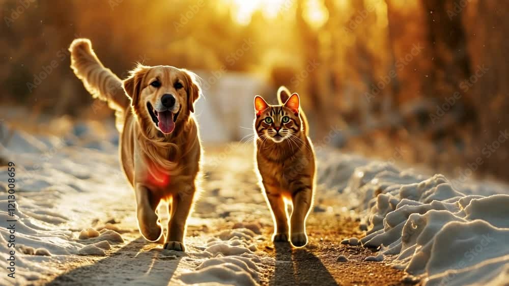 Golden Retriever dog and Ginger cat walking on snowy woodland trail at sunrise or sunset Golden Retriever dog and Ginger cat walking on snowy woodland trail at sunrise or sunset