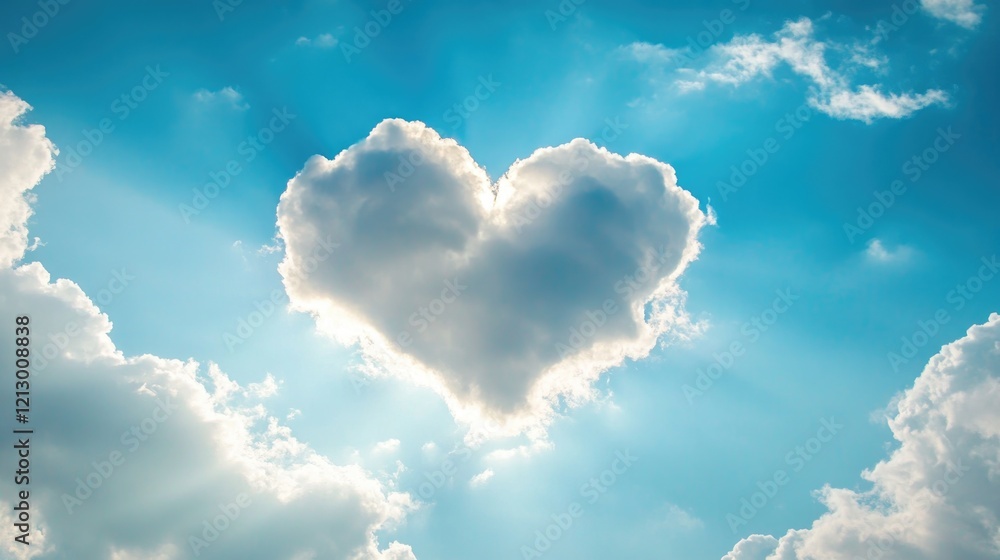 Heart shaped cloud floating in a blue sky with sun rays piercing through creating a beautiful scenery Heart shaped cloud floating in a blue sky with sun rays piercing through creating a beautiful scenery