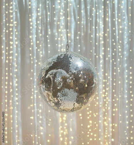 Hanging disco ball with sparkling bokeh background. A chic and stylish decor piece capturing the essence of nightlife and vibrant celebrations. photo