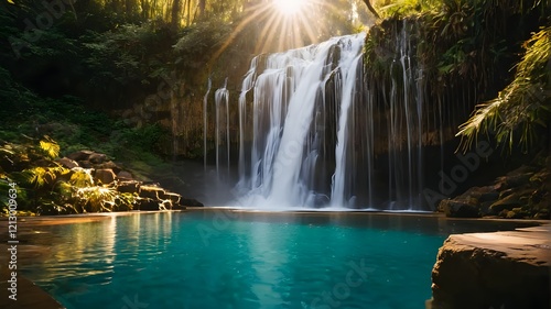 Tropical Waterfall and Pool with Sun Rays