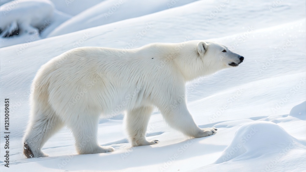 Majestic polar bear walking on snowy landscape, calm demeanor, Arctic wildlife, copy space Majestic polar bear walking on snowy landscape, calm demeanor, Arctic wildlife, copy space