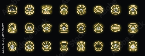 Glowing neon pearl oyster icons set, collection of bright luminous open shell with pearl pictograms in various styles on black background