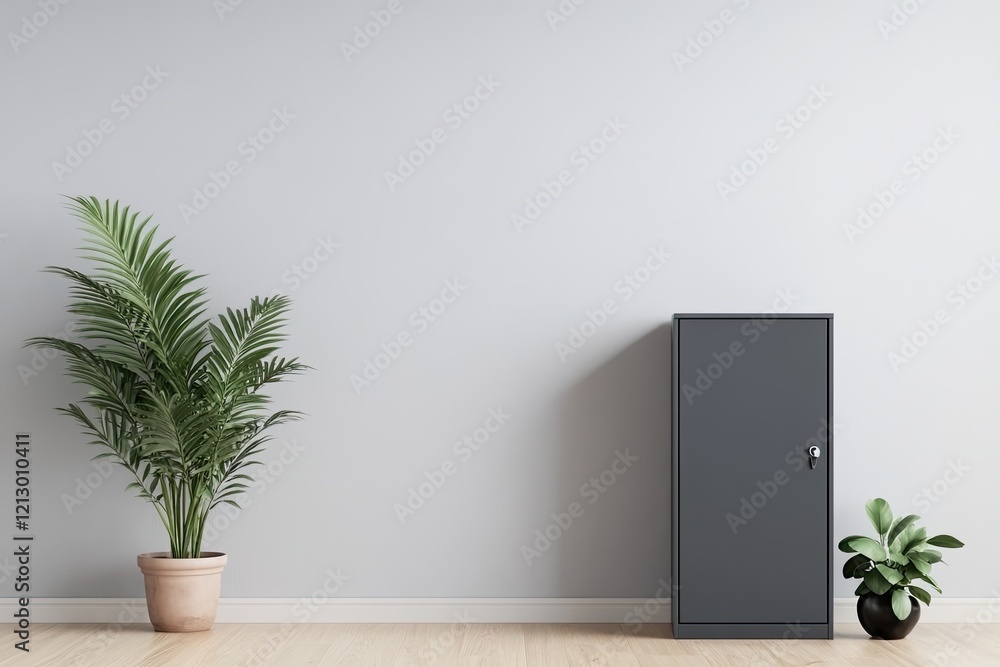 3d render of filing cabinet with modern matte finish placed beside potted plant on smooth wooden floor 3d render of filing cabinet with modern matte finish placed beside potted plant on smooth wooden floor