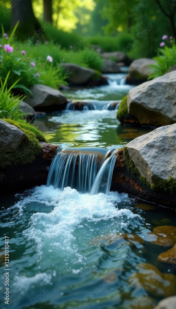Gentle stream flowing into a tranquil pool with clear water surface, tranquil, peaceful, water flow Gentle stream flowing into a tranquil pool with clear water surface, tranquil, peaceful, water flow