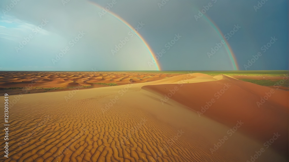 Naklejka premium Double Rainbow over Sand Dunes and Green Plane