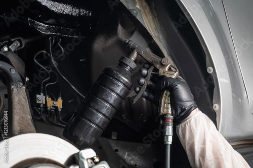 An auto mechanic applies anti-corrosion mastic to the underbody of a car. photo