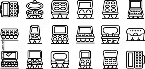 Egg package icons set. Different types of egg cartons, designed for storing and transporting eggs safely, are depicted in various shapes, sizes, and materials