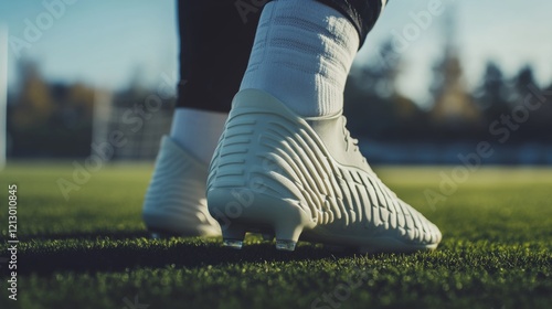 The texture of a soccer player's shin guard, outdoor setting with soccer field backdrop, Dramatic style photo