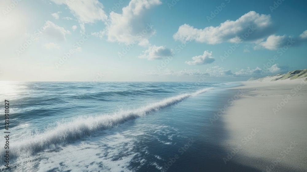 A tranquil beach scene with gentle waves and soft sand, perfect for relaxation themes A tranquil beach scene with gentle waves and soft sand, perfect for relaxation themes
