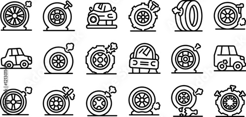 Punctured wheel icons set. Set of flat tire icons featuring various stages of tire damage, repair, and replacement, emphasizing car maintenance and roadside assistance