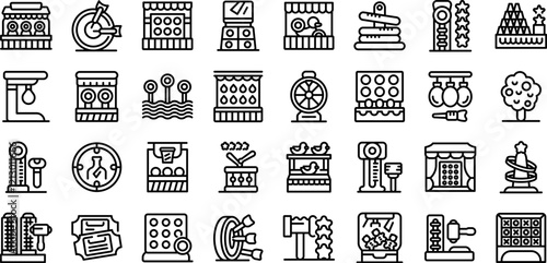 Carnival game icons set. Amusement park games and activities, featuring various funfair attractions, providing entertainment and amusement for visitors