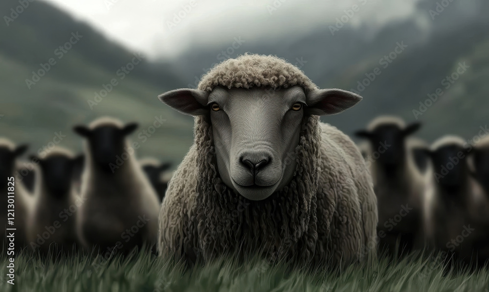 Fototapeta premium Serene Landscape with Sheep Grazing Peacefully in Rolling Green Pastures Amidst Majestic Valleys and Lush Meadows