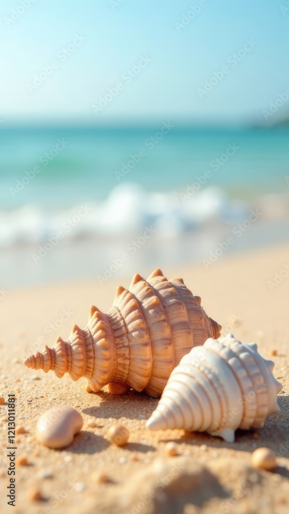 Seashells on the sand beach against clear sea ans sky. Natural sea background. Summer time .Copy space. Seashells on the sand beach against clear sea ans sky. Natural sea background. Summer time .Copy space.