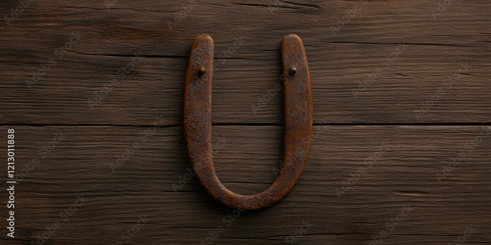 Rustic horseshoe on dark wood background. Perfect for western, country, or luck-themed designs. Rustic horseshoe on dark wood background. Perfect for western, country, or luck-themed designs.