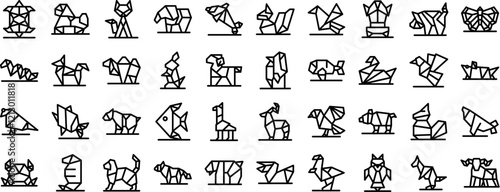 Origami paper animal icons set. Collection of origami figures depicting various animals, showcasing creativity and paper folding art