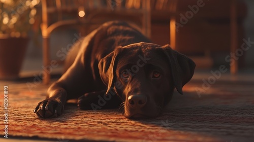 A black lab dog lying on a cozy rug, bathed in warm evening light, with its tail gently wagging photo