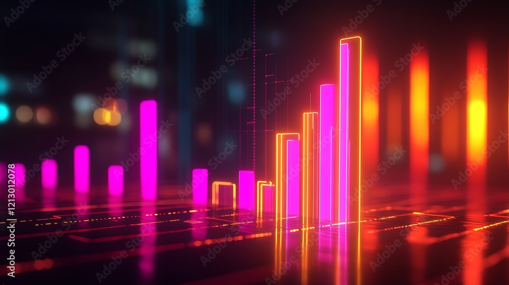 Bright neon bar graph illustrating financial success with a modern touch Bright neon bar graph illustrating financial success with a modern touch
