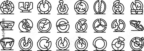 Broken plates icons set. Different types of broken crockery symbolizing damage, accidents, or material loss