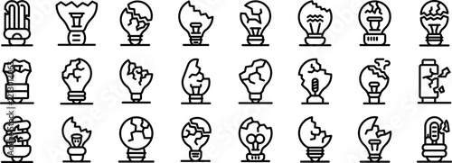 Broken bulb icons set. Different types of broken light bulbs representing a lack of ideas, dangerous situations, and the need for repairs