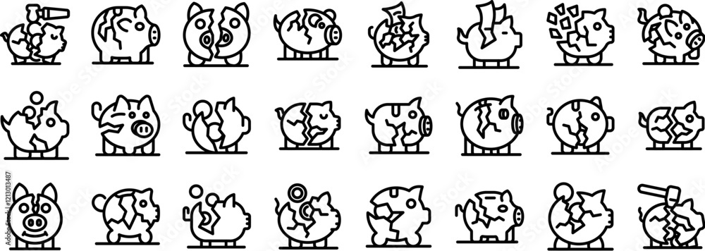 Obraz premium Broken piggy bank icons set. Set of broken piggy bank icons depicting economic hardship, savings loss, and financial crisis