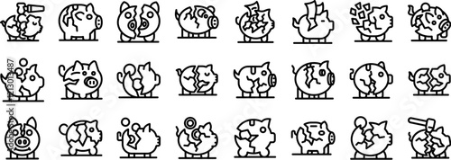 Broken piggy bank icons set. Set of broken piggy bank icons depicting economic hardship, savings loss, and financial crisis