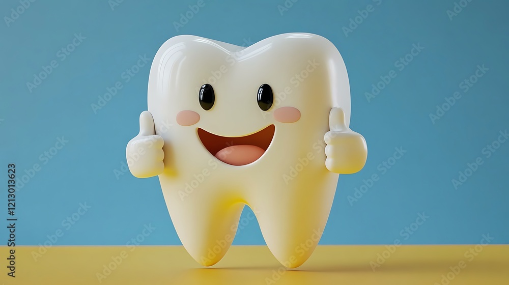 Fototapeta premium Cartoon tooth smiling and giving thumbs up for good dental hygiene