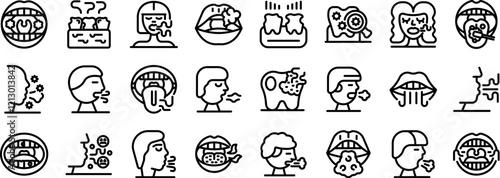 Halitosis icons set. People experiencing halitosis and bad breath, visualizing various causes and symptoms related to oral hygiene