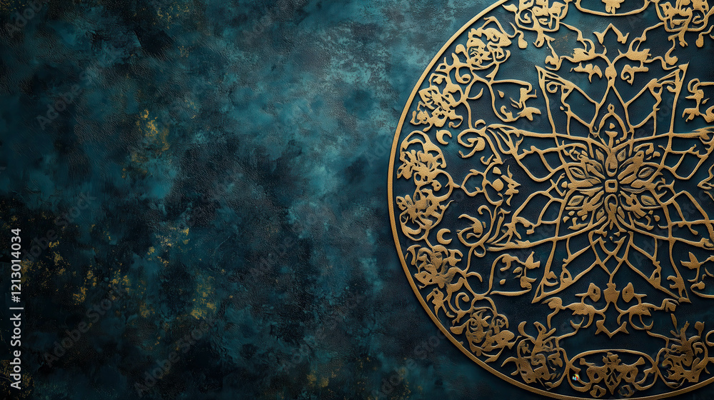 Obraz premium Golden mandala ornament resting on textured teal background with copy space