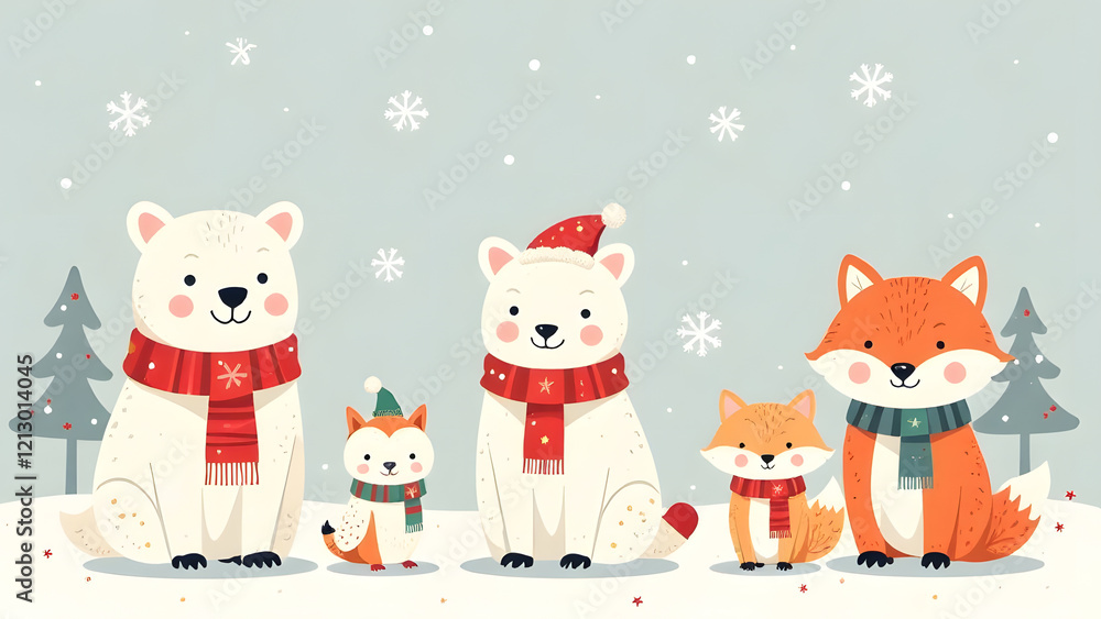 A cozy winter design showcasing polar creatures in holiday scarves, snowflakes, and stars on a soft A cozy winter design showcasing polar creatures in holiday scarves, snowflakes, and stars on a soft