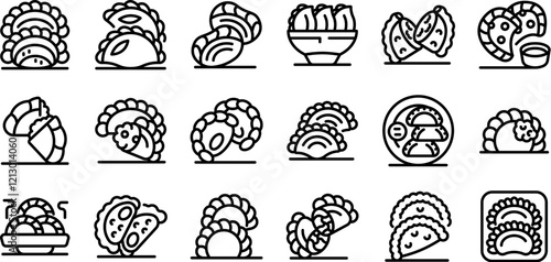 Curry puffs icons set. Chefs preparing and serving delicious dumplings, empanadas, and other savory pastries