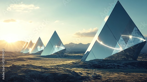 A futuristic solar field where massive prism-shaped mirrors tilt and rotate