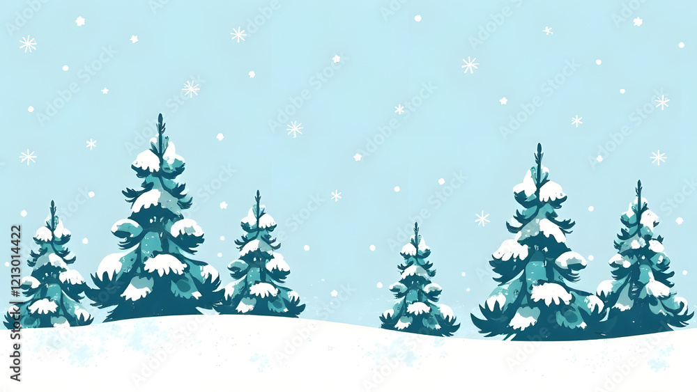 Fototapeta premium Tall evergreen trees dusted with snow and shimmering flakes create a seamless winter forest scene
