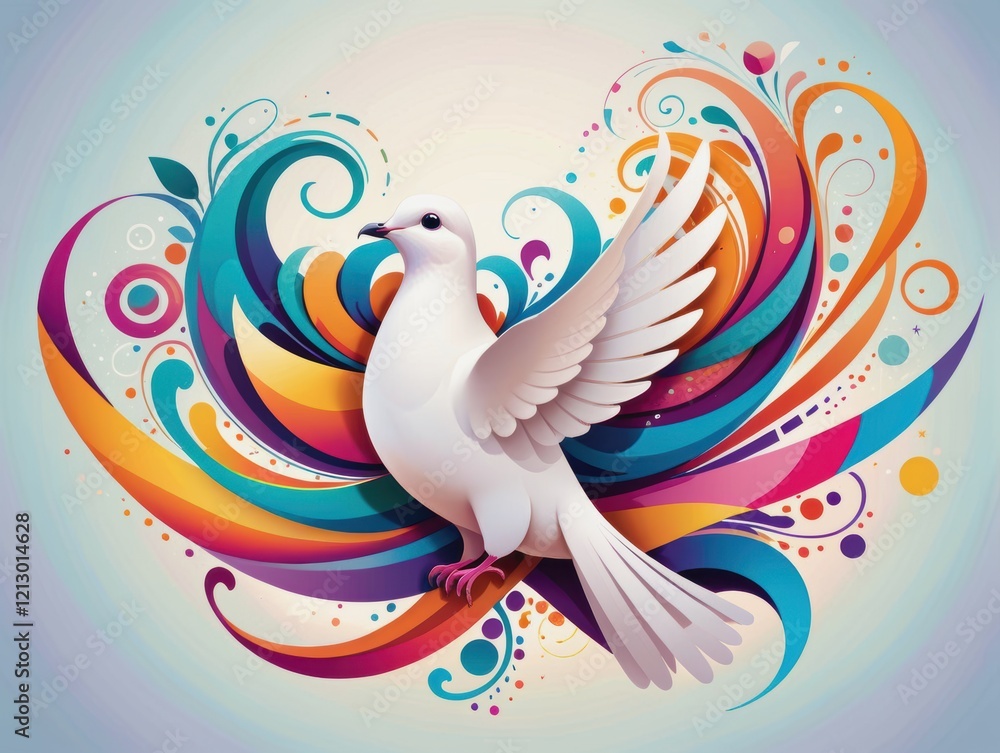 Obraz premium A white dove with colorful abstract swirls and patterns in the background