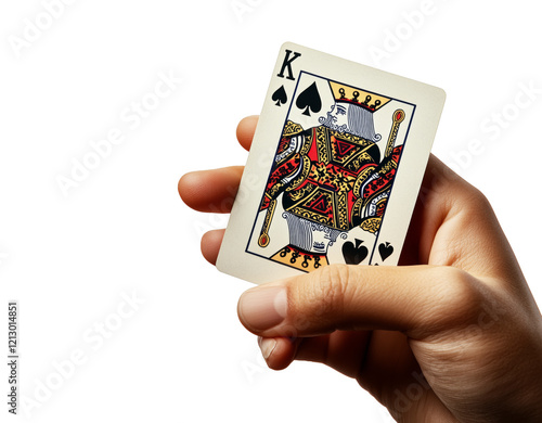 A hand holds the King of Spades playing card, displayed against a transparent background. photo