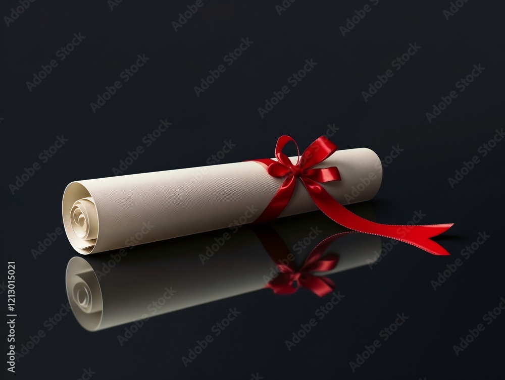 Elegant diploma scroll tied with a red ribbon resting on a reflective black surface Elegant diploma scroll tied with a red ribbon resting on a reflective black surface