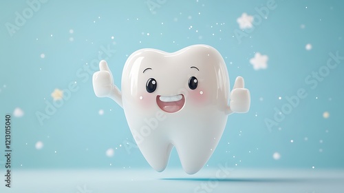 Happy tooth character giving a thumbs up for good dental care photo