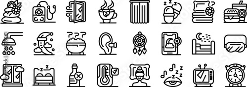 Tips better sleep icons set. Promoting relaxation and better sleep through mindful habits and routines
