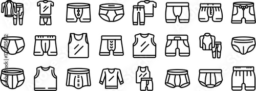 Man underwear icons set. Line icons representing men's underwear, thermal underwear, t shirts, tank tops, and pants