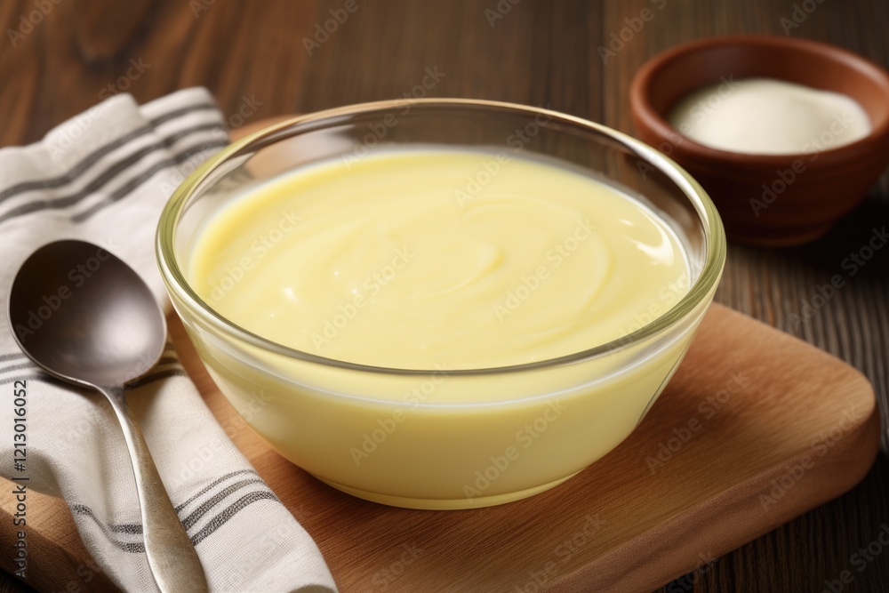 Homemade Vanilla Custard in a Yellow Bowl. Sweet Pastry Dessert with Dairy and Delicious Vanilla Flavor on a Wooden Table Homemade Vanilla Custard in a Yellow Bowl. Sweet Pastry Dessert with Dairy and Delicious Vanilla Flavor on a Wooden Table