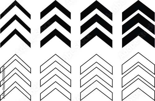 Arrow chevron doodle icon in flat, line set graphic design Vector for apps or web Triple chevrons pointing right thickness road caution, military, navigation signs isolated on transparent background