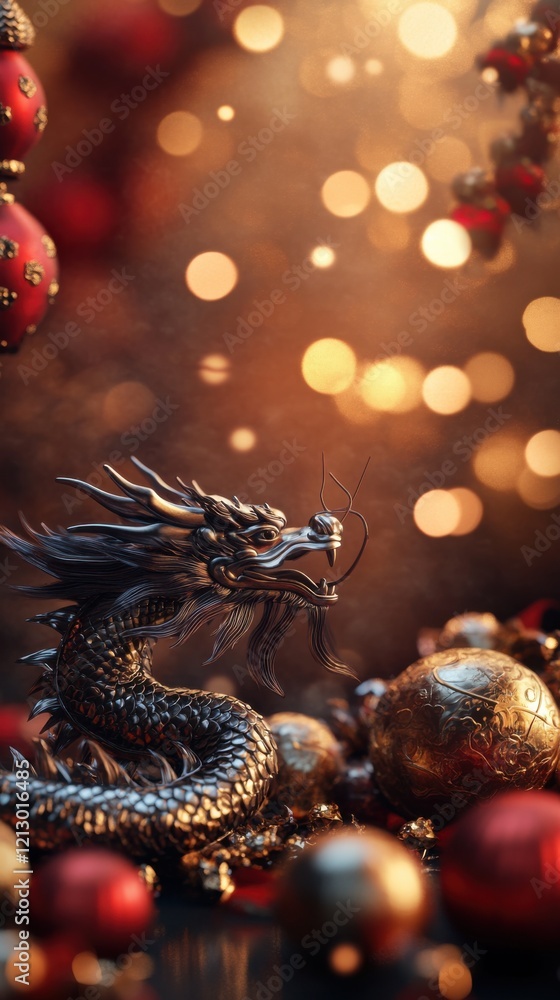 Obraz premium A shimmering dragon coils beside glowing lanterns amid golden bokeh, channeling the power and good-fortune spirit of Lunar New Year—dramatic festive backdrop with generous copy space.