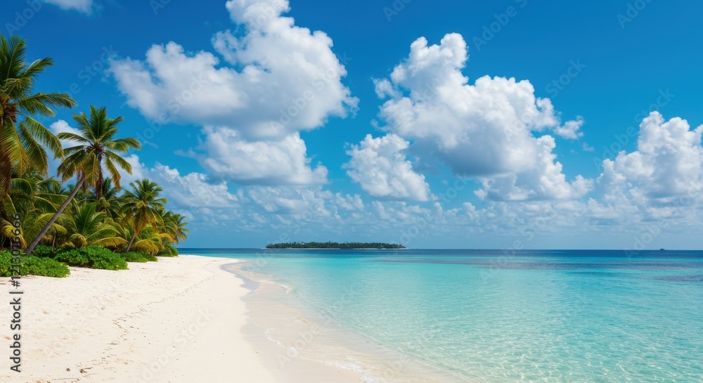 Fototapeta premium A stunning tropical paradise featuring a pristine white sand beach meeting crystal-clear turquoise water.