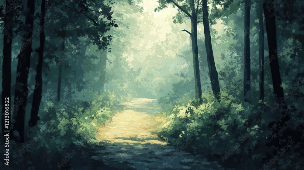 Naklejka premium Serene Forest Path A Misty Morning Walk